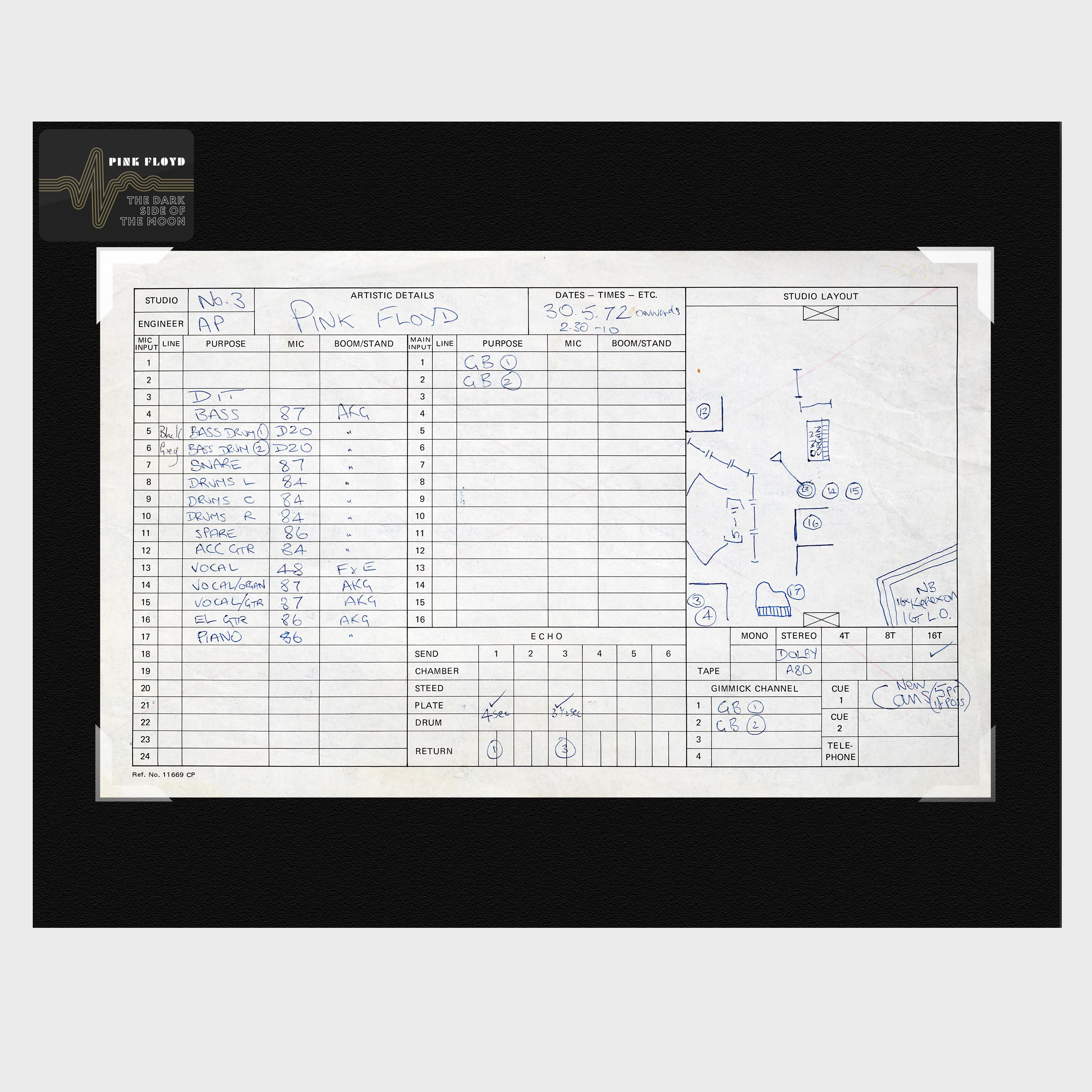 Abbey Road Studios - Abbey Road Studios x Pink Floyd 'The Dark Side of The Moon' Session Sheet