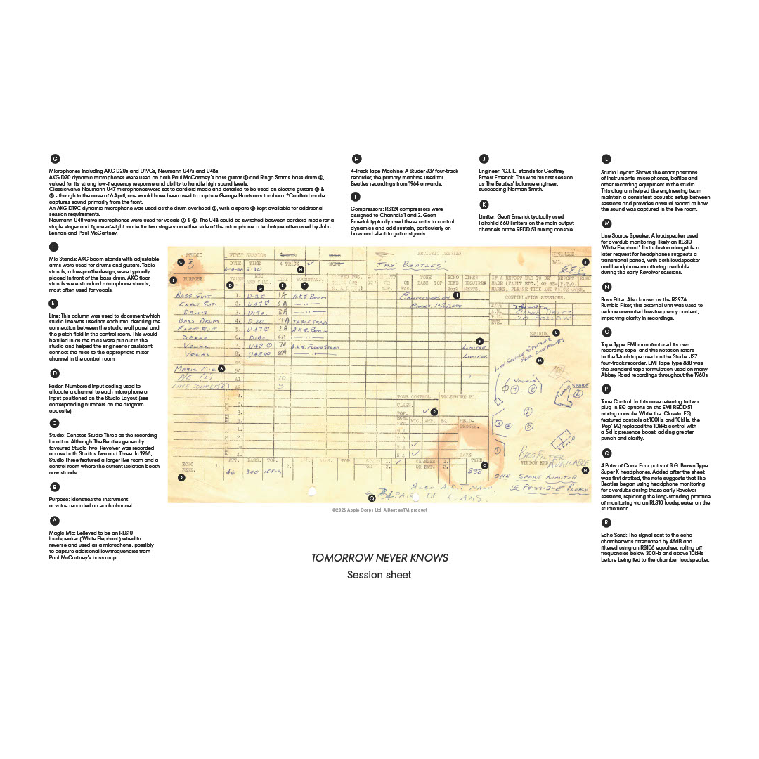 Abbey Road Studios - Abbey Road x The Beatles ‘Tomorrow Never Knows’ Session Sheet