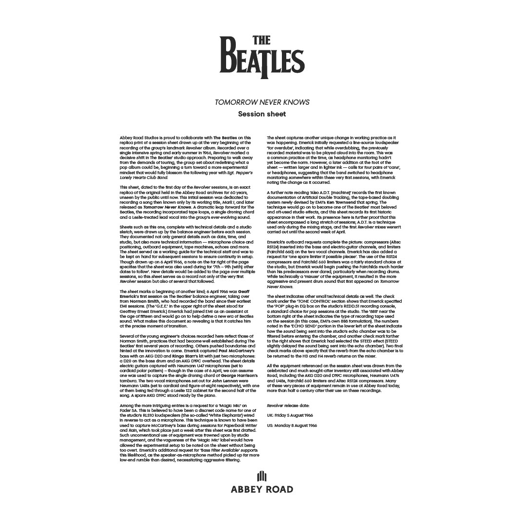 Abbey Road Studios - Abbey Road x The Beatles ‘Tomorrow Never Knows’ Session Sheet