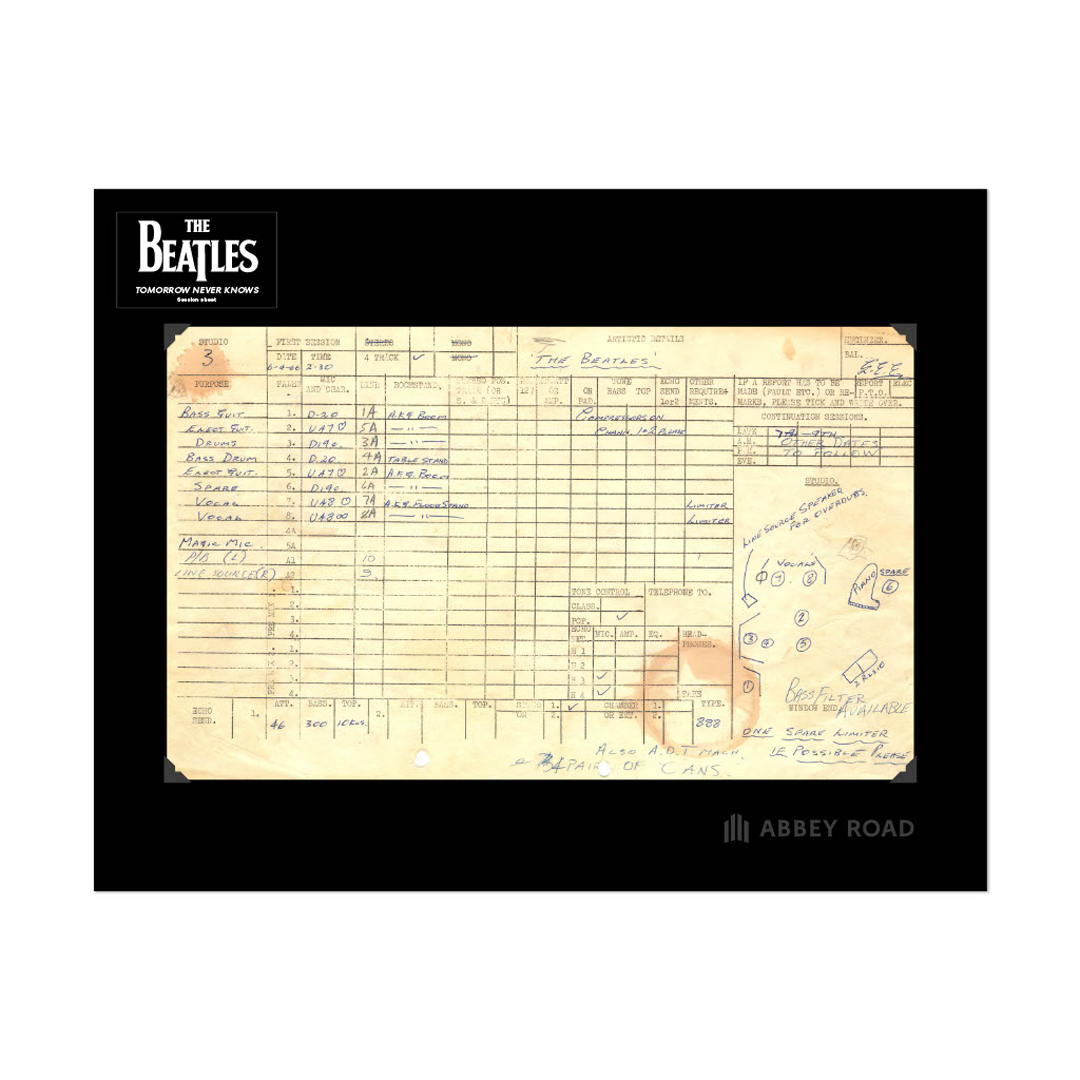 Abbey Road Studios - Abbey Road x The Beatles ‘Tomorrow Never Knows’ Session Sheet