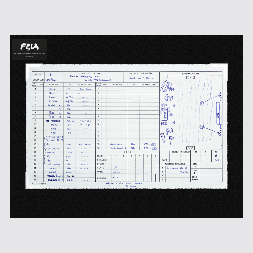 Fela Kuti - Abbey Road Studios Fela Kuti Session Sheet