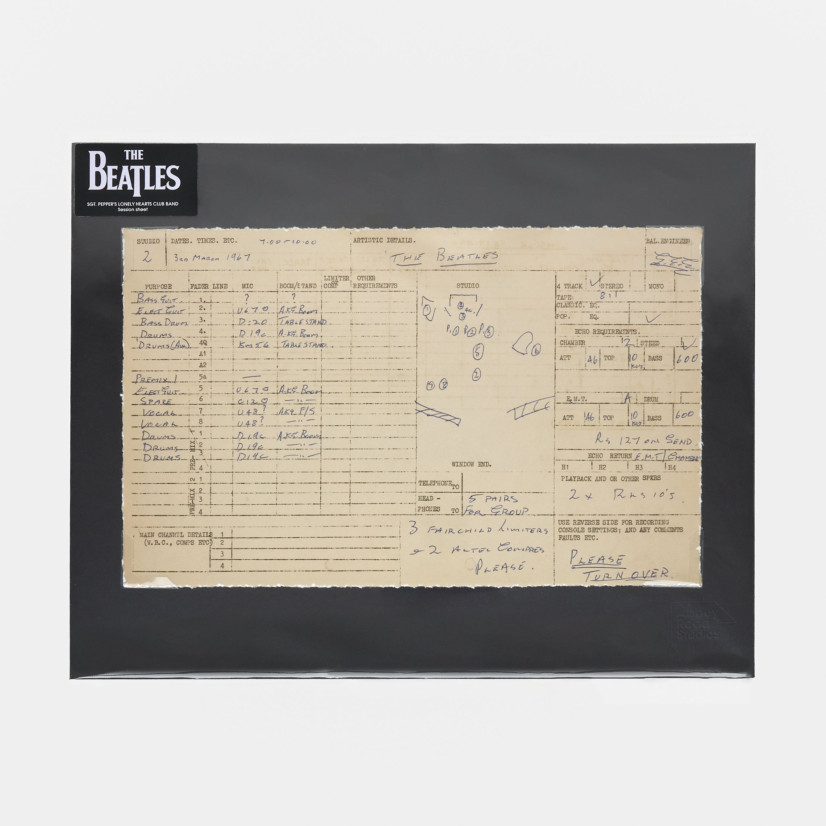 Abbey Road Studios - Abbey Road Studios x The Beatles 'Sgt. Pepper's Lonely Hearts Club Band' Session Sheet